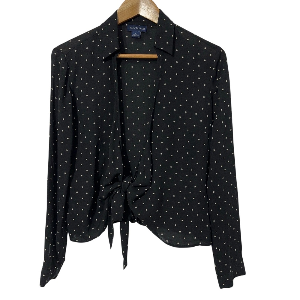 Ann Taylor Womens Silk Blouse Size 6 Polka Dot Tie Front